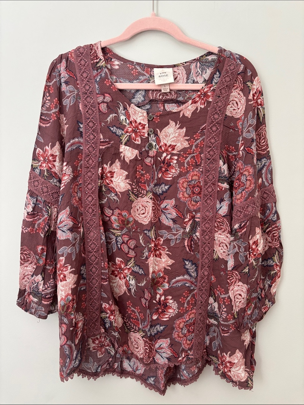 Knox Rose Brown Plum Floral Lace-Trim Button Tunic High Low Hem 100% Rayon Sz L